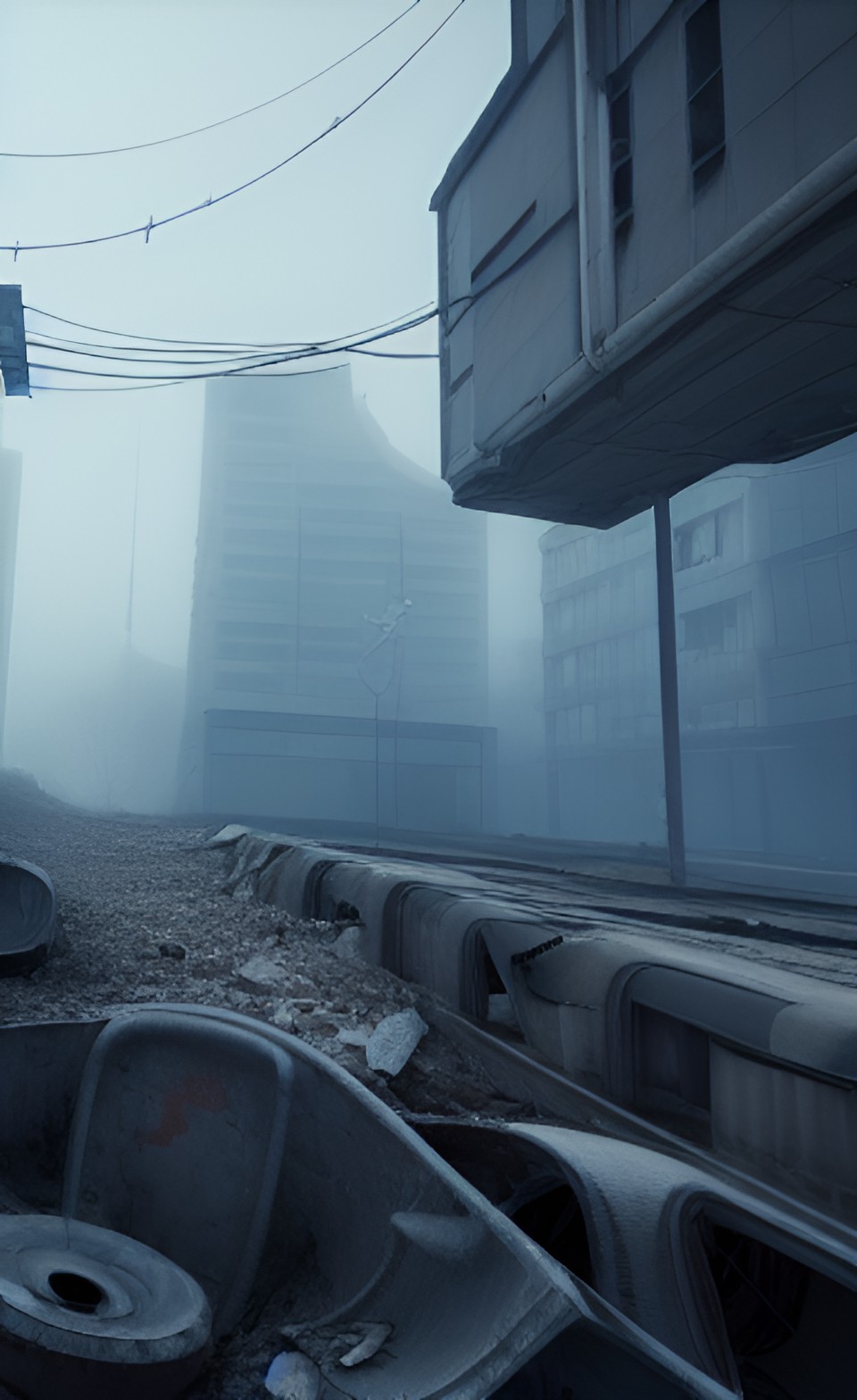 abandoned mechanical city metal piping concrete broken buildings crashed aircraft fog preview