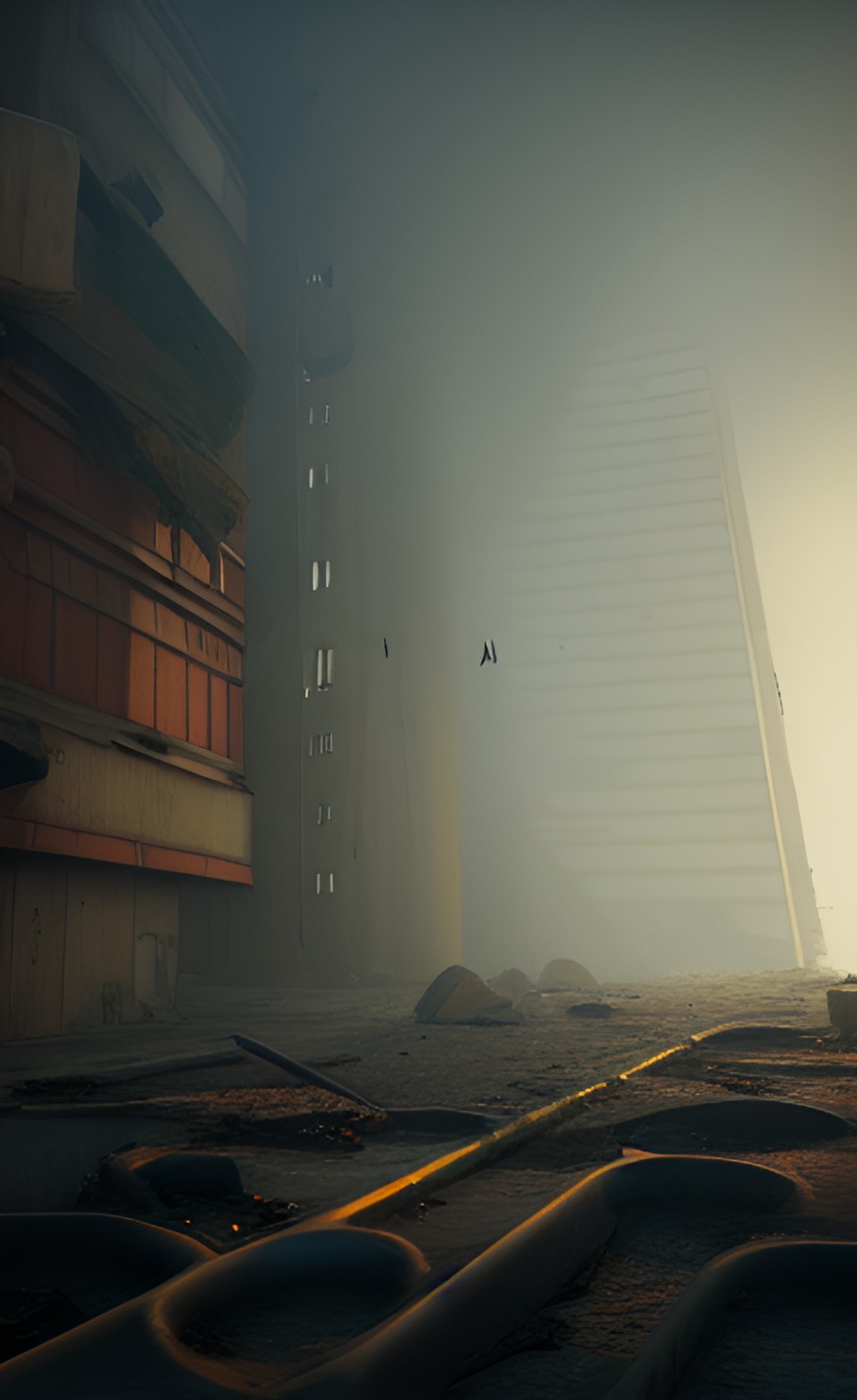 abandoned mechanical city metal piping concrete broken buildings crashed aircraft fog preview