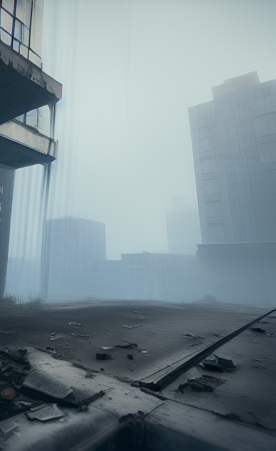 abandoned mechanical city metal piping concrete broken buildings crashed aircraft fog preview