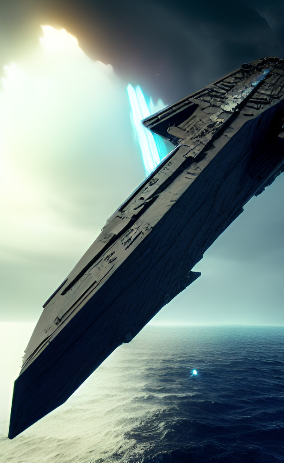 imperial star destroyer crashing and burning onto rocky water planet in storm preview