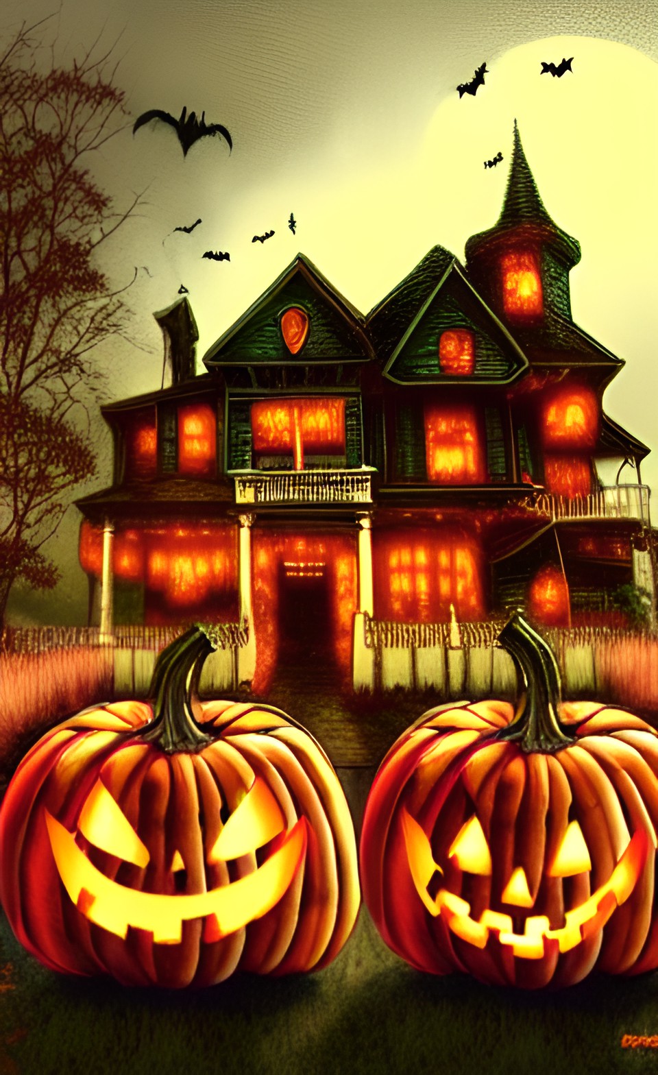 halloween, haunted victorian house with creepy pumpkin patch preview