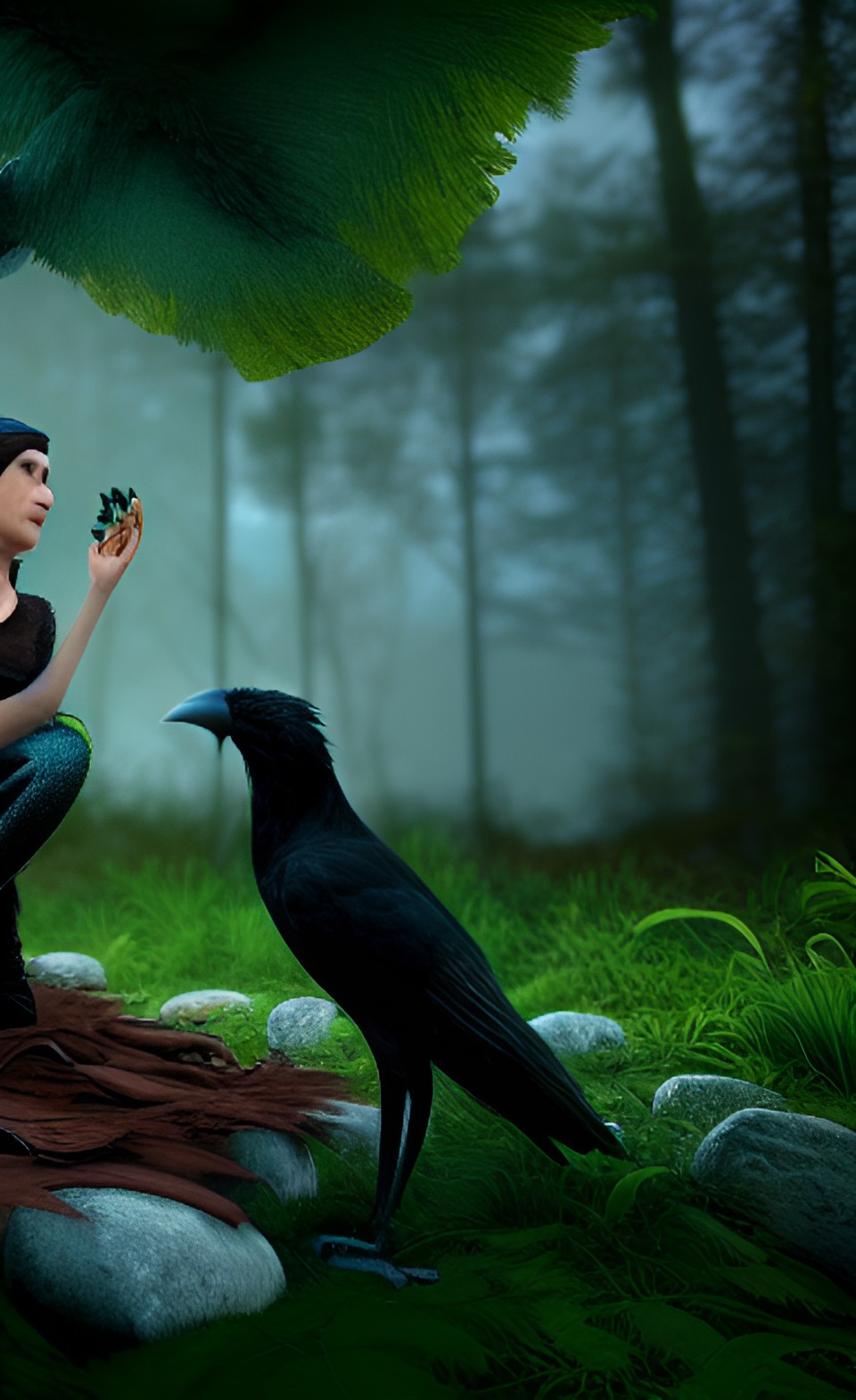 queen and her pet crow in the forest preview