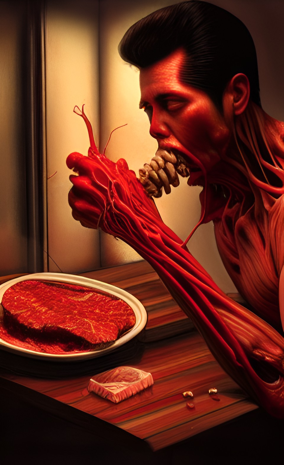 Elvis - ultra-realistic crime scene of a blood soaked skinless elvis, ground meat muscle tissue connective tissue bones veins arteries gelatin, accent light, soft rim lighting, by karol bak preview