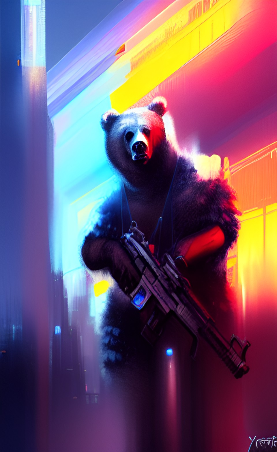 Cyberpunk bear rogue - bear, cyberpunk, night city, gun preview