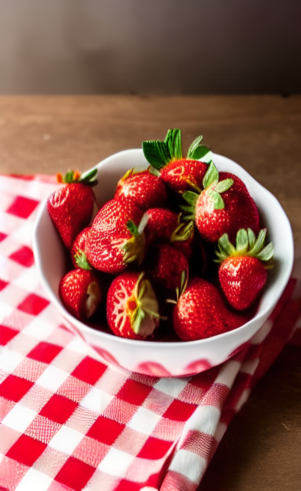 strawberries and cream in a fancy bowl on a table with a red and white checkered tablecloth preview