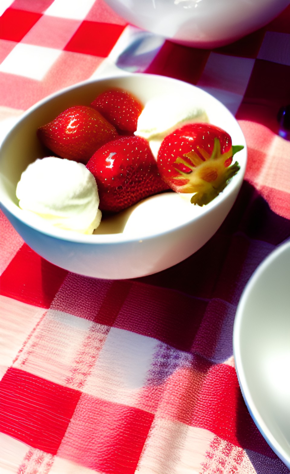 strawberries and cream in a fancy bowl on a table with a red and white checkered tablecloth preview