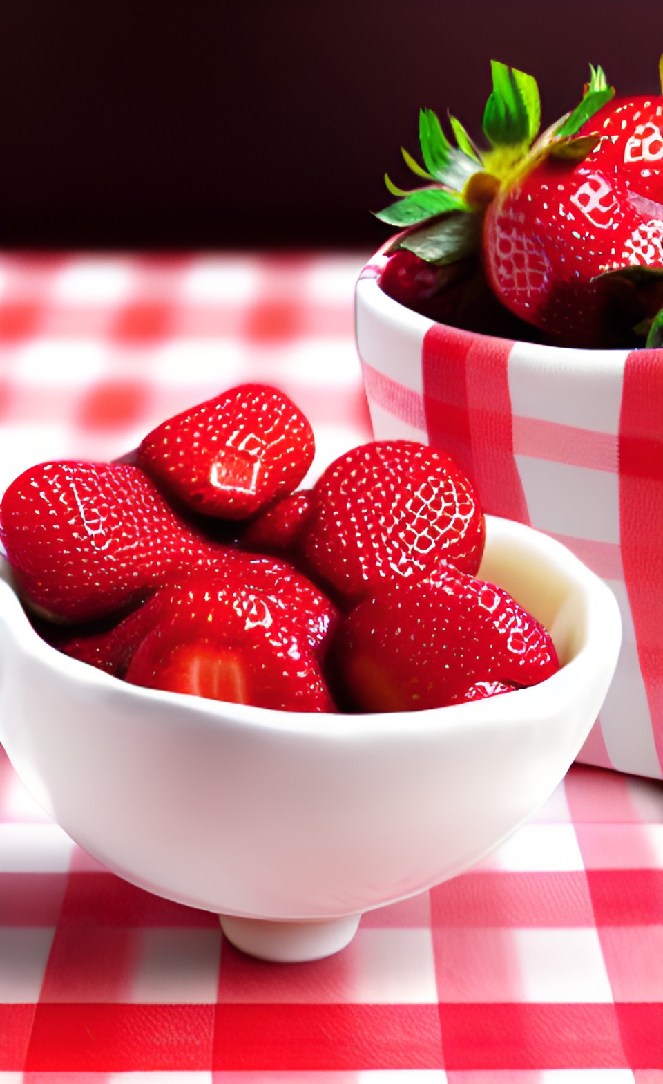 strawberries and cream in a fancy bowl on a table with a red and white checkered tablecloth preview