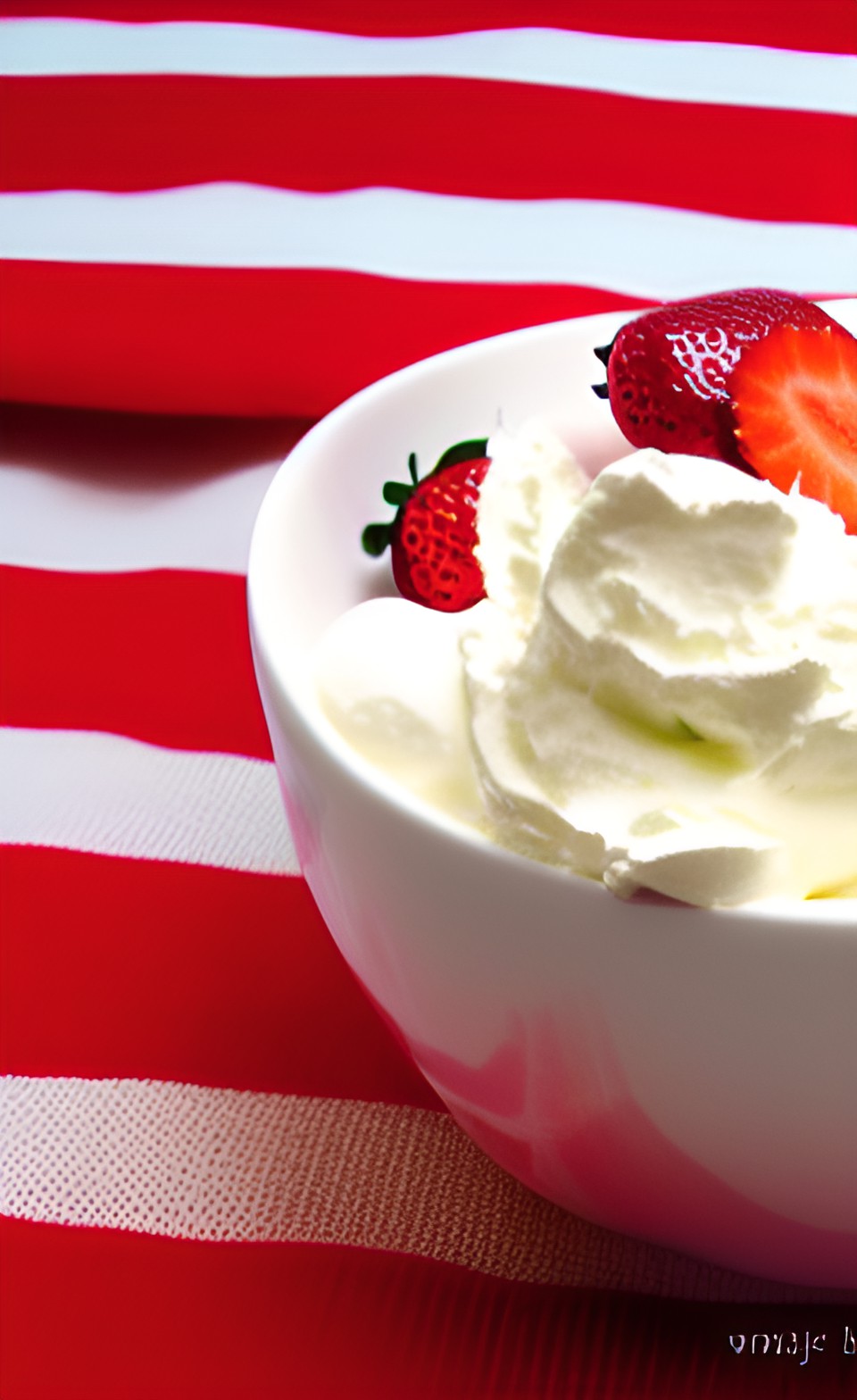 strawberries and cream in a fancy bowl on a table with a red and white checkered tablecloth preview