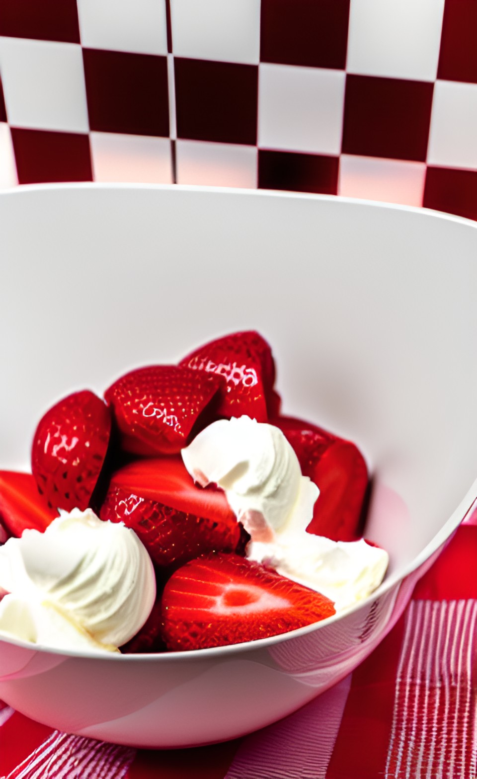 sliced strawberries and cream in a fancy bowl on a table with a red and white checkered tablecloth preview