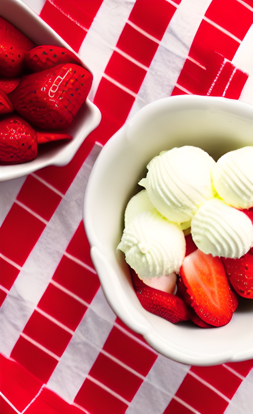 sliced strawberries and cream in a fancy bowl on a table with a red and white checkered tablecloth preview