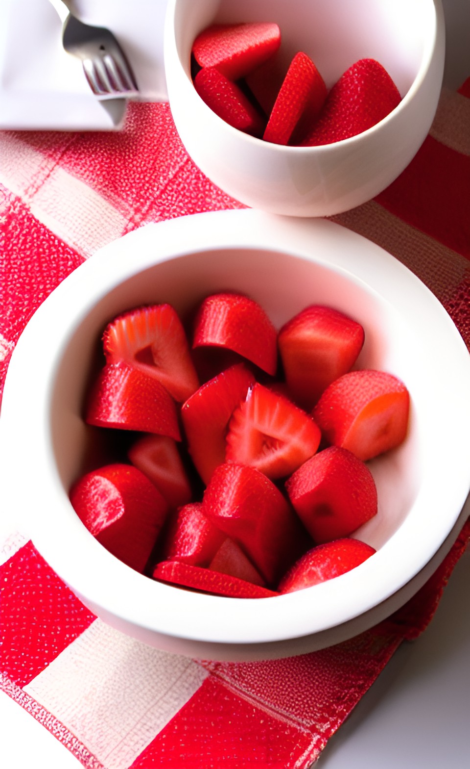 sliced strawberries and cream in a fancy bowl on a table with a red and white checkered tablecloth preview