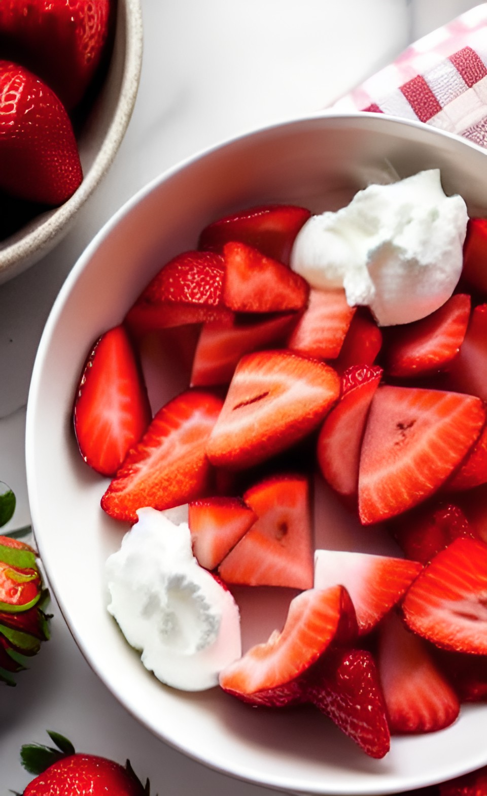 sliced strawberries and cream in a fancy bowl on a table with a red and white checkered tablecloth preview