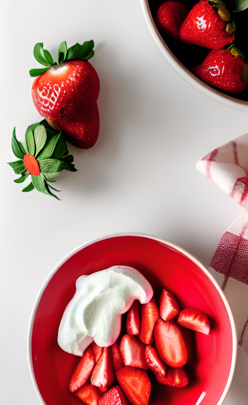 sliced strawberries and cream in a fancy bowl on a table with a red and white checkered tablecloth preview