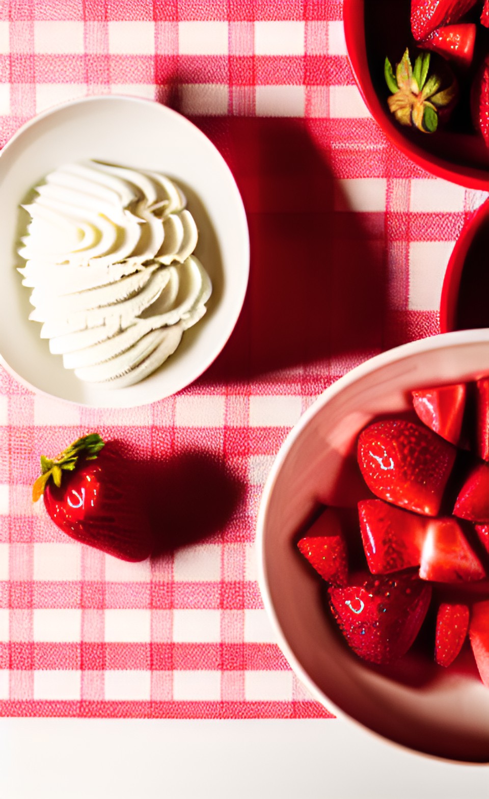 sliced strawberries and cream in a fancy bowl on a table with a red and white checkered tablecloth preview