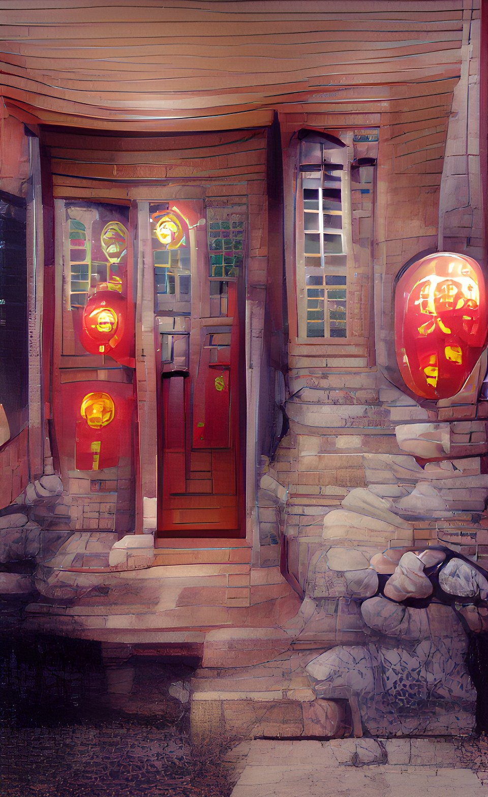 front door, lanterns, window preview