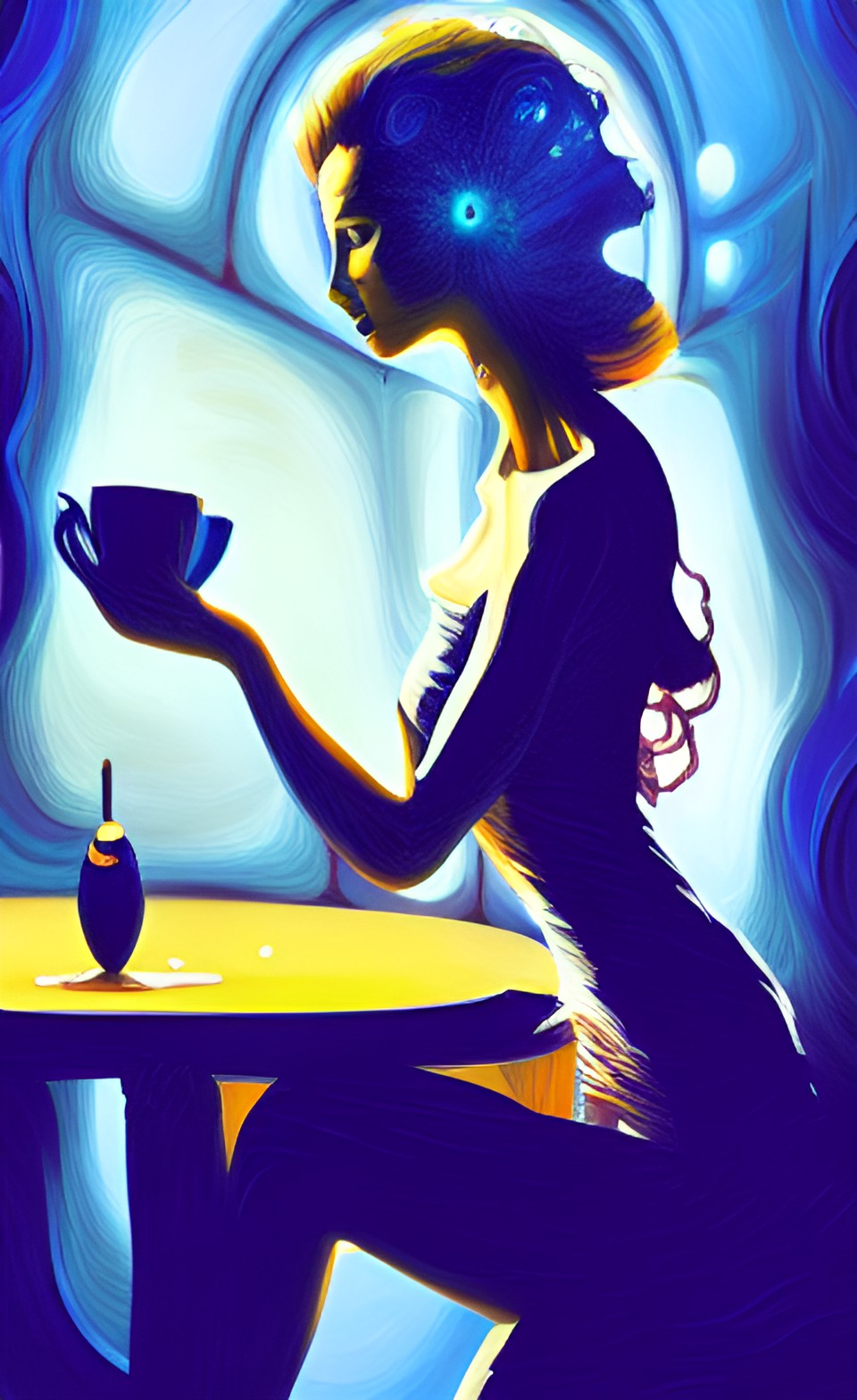 woman having saturday morning tea, futuristic, rim lighting preview