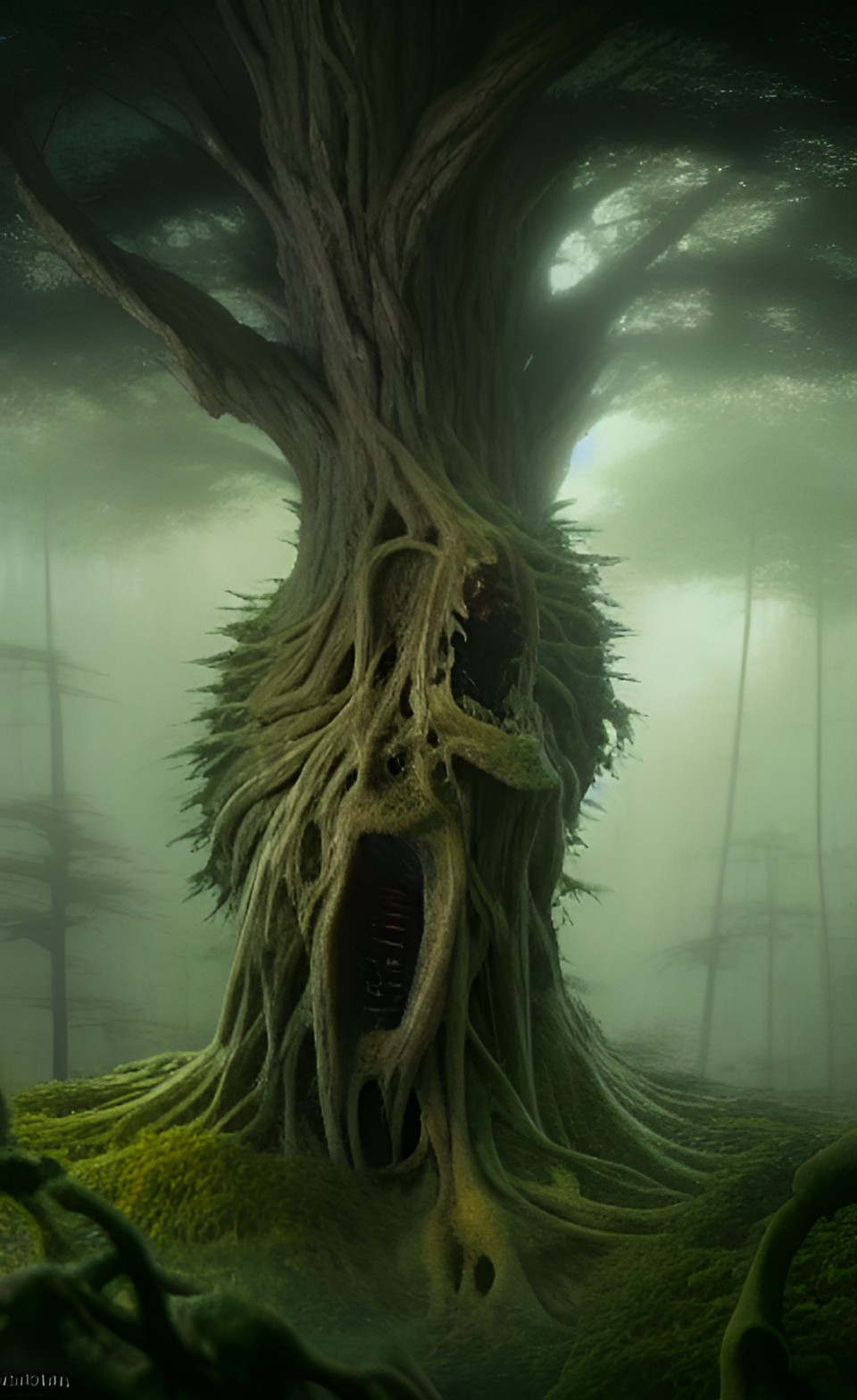 a close up of a creepy rosin creature as a world tree in zhangjiajie forest, a dark creature by guillermo del toro, cinematic lighting, symbolism, made of trinkets, #vfxfriday preview