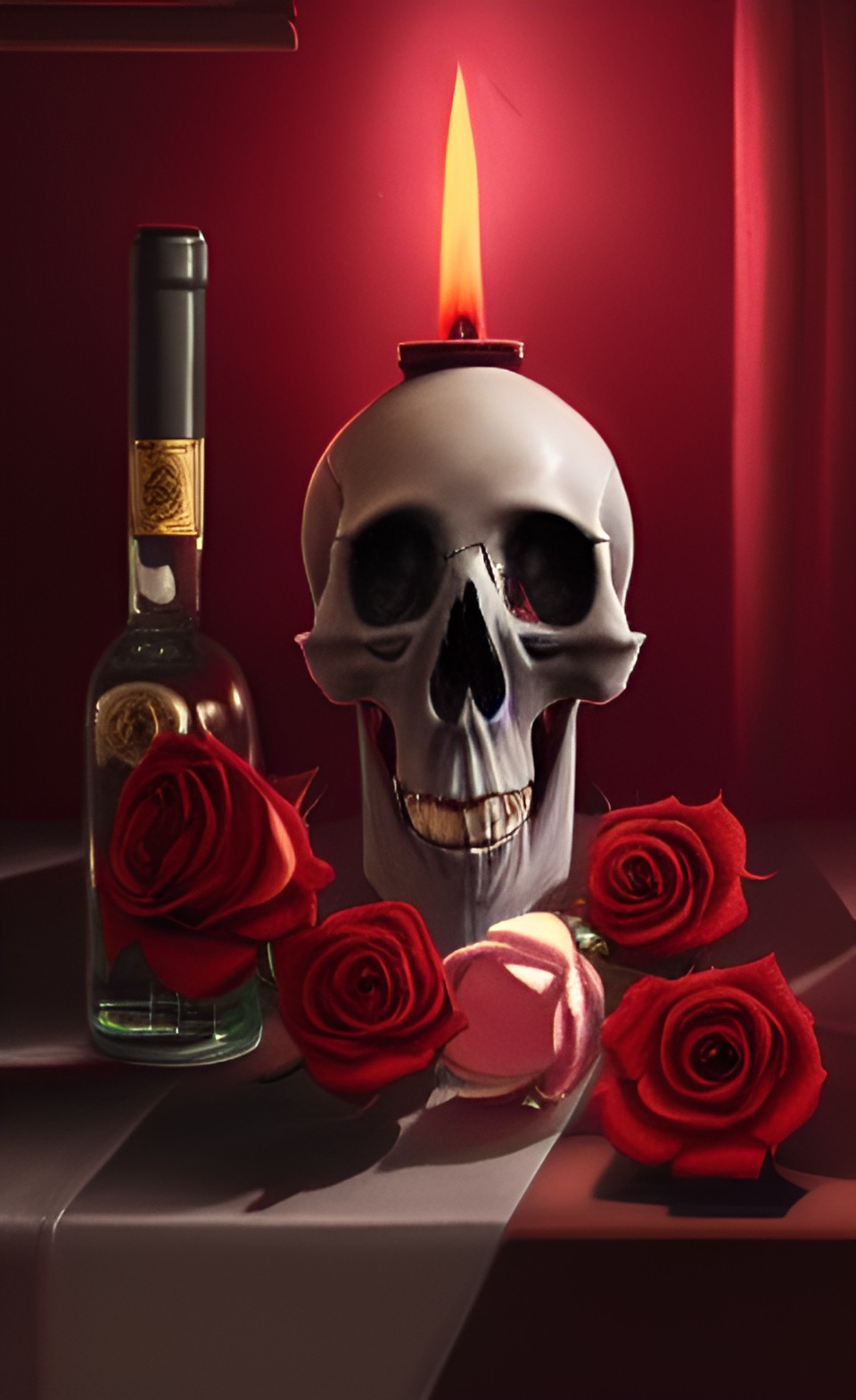 memento mori still life with skull, red wine and roses preview