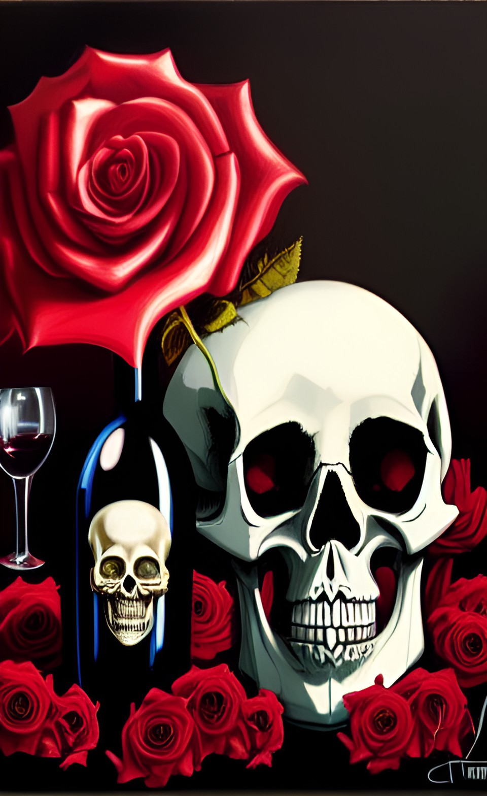 memento mori still life with skull, bottle of red wine and roses preview