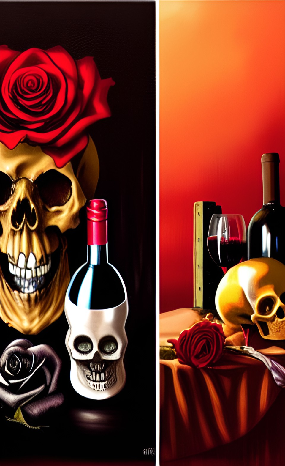 memento mori still life with skull, bottle of red wine and roses preview