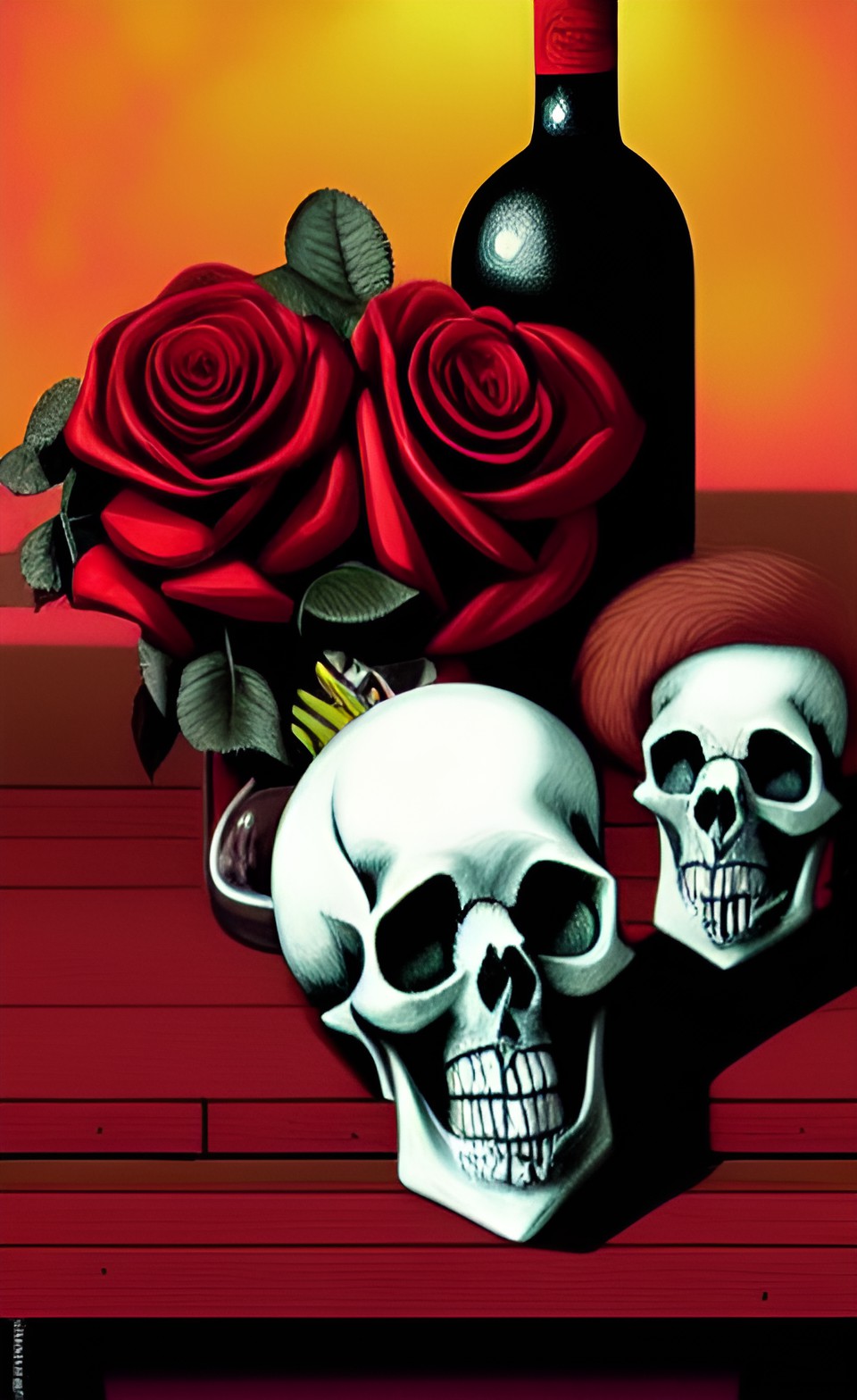 memento mori still life with skull, bottle of red wine and roses preview