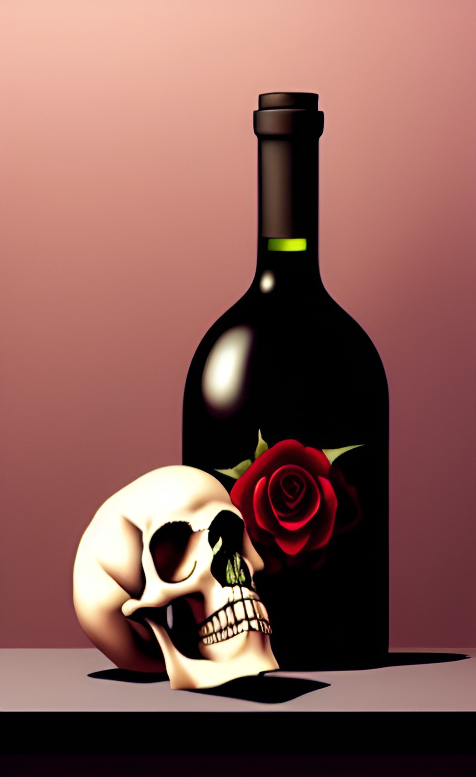 memento mori still life with skull, bottle of red wine and roses preview