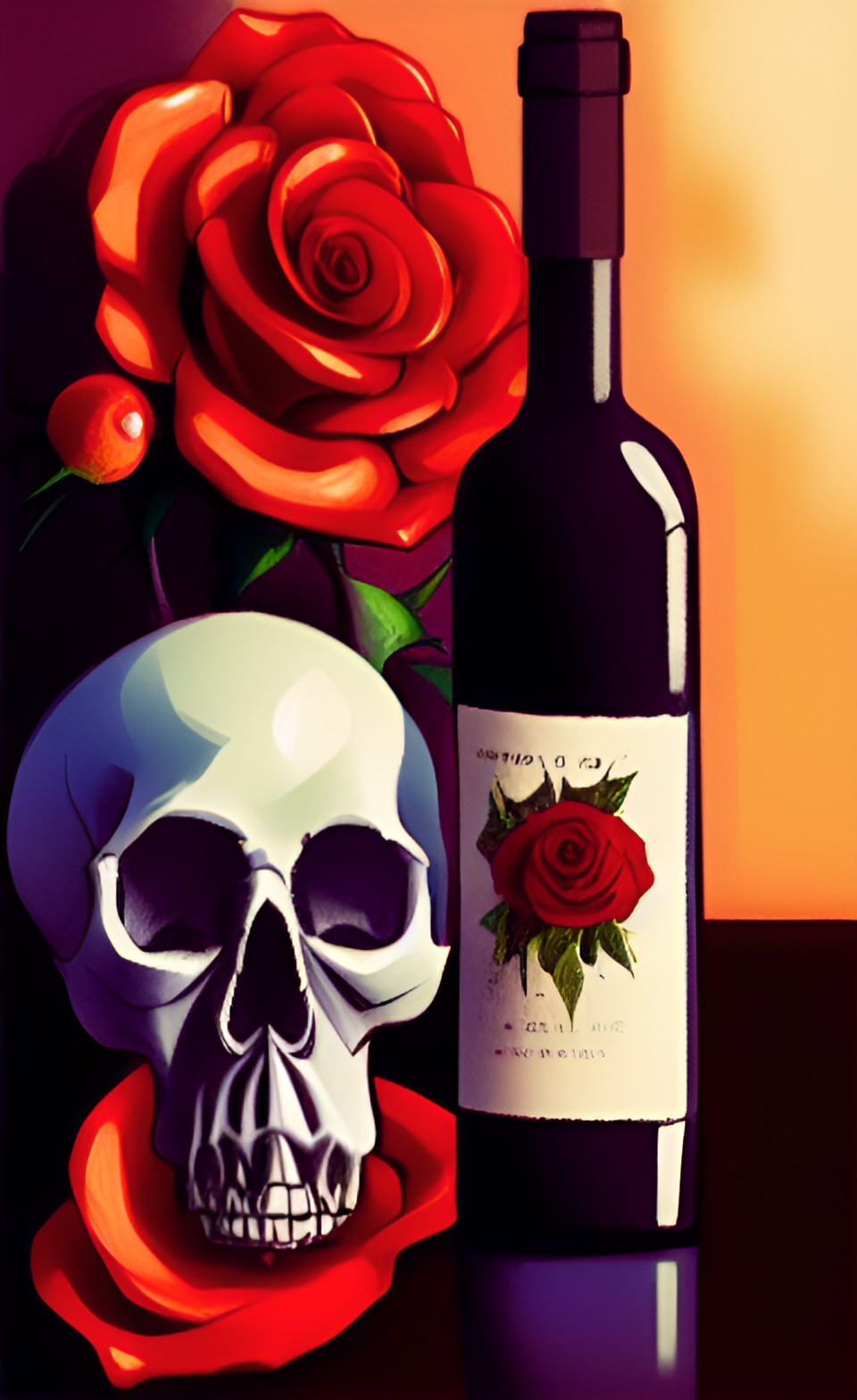 memento mori still life with skull, bottle of red wine and roses preview