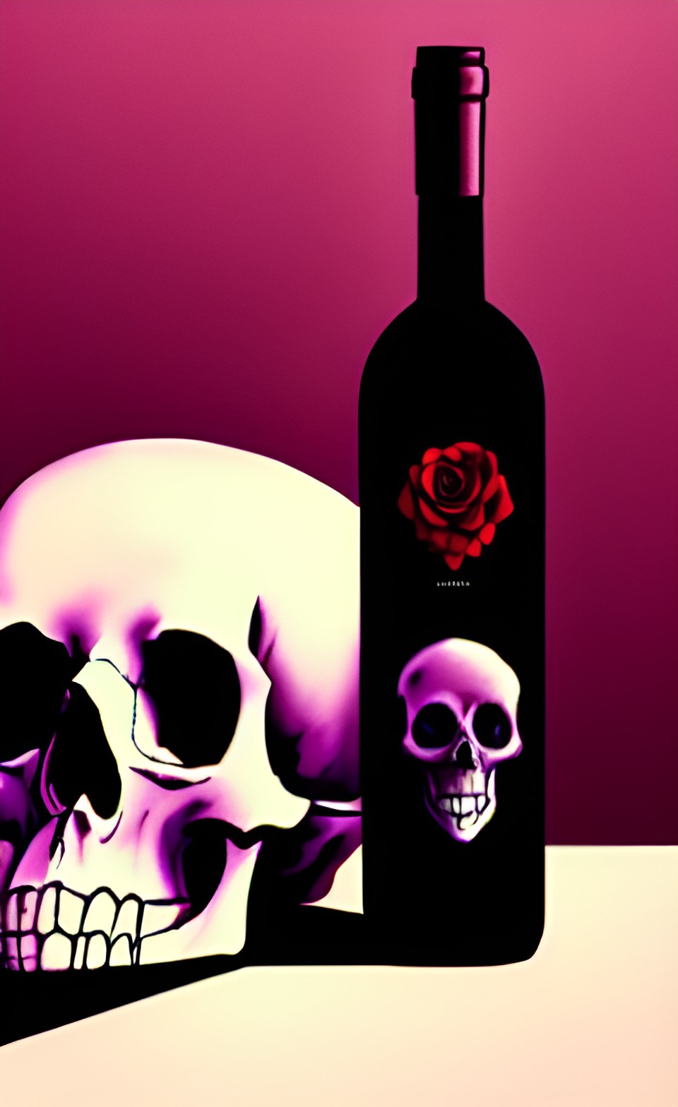 memento mori still life with skull, bottle of red wine and roses preview