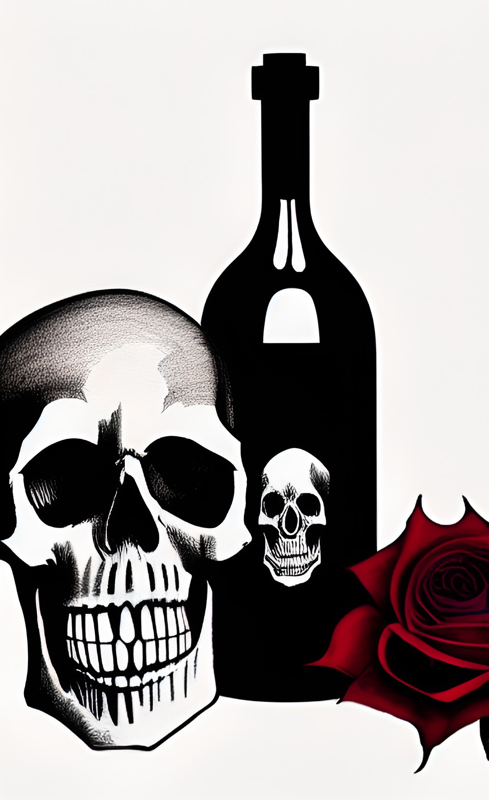 memento mori still life with skull, bottle of red wine and roses preview