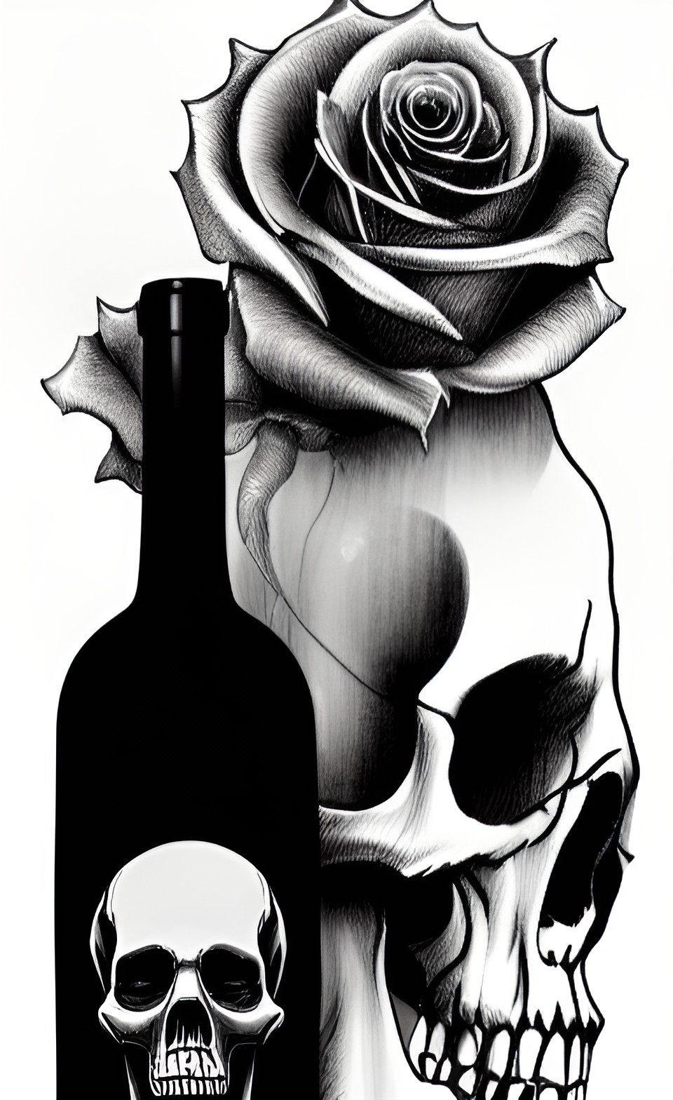 memento mori still life with skull, bottle of red wine and roses preview