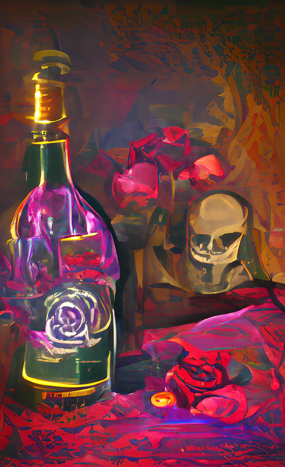 memento mori still life with skull, bottle of red wine and roses preview