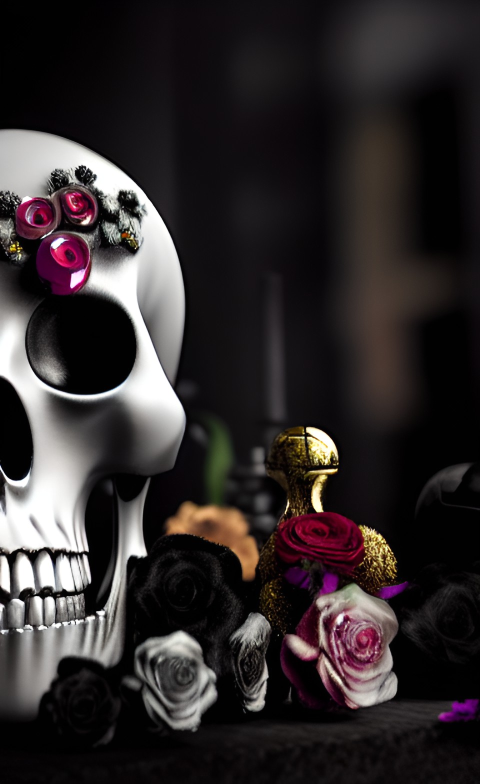 memento mori still life with flowers and gem encrusted skull, black velvet backdrop preview