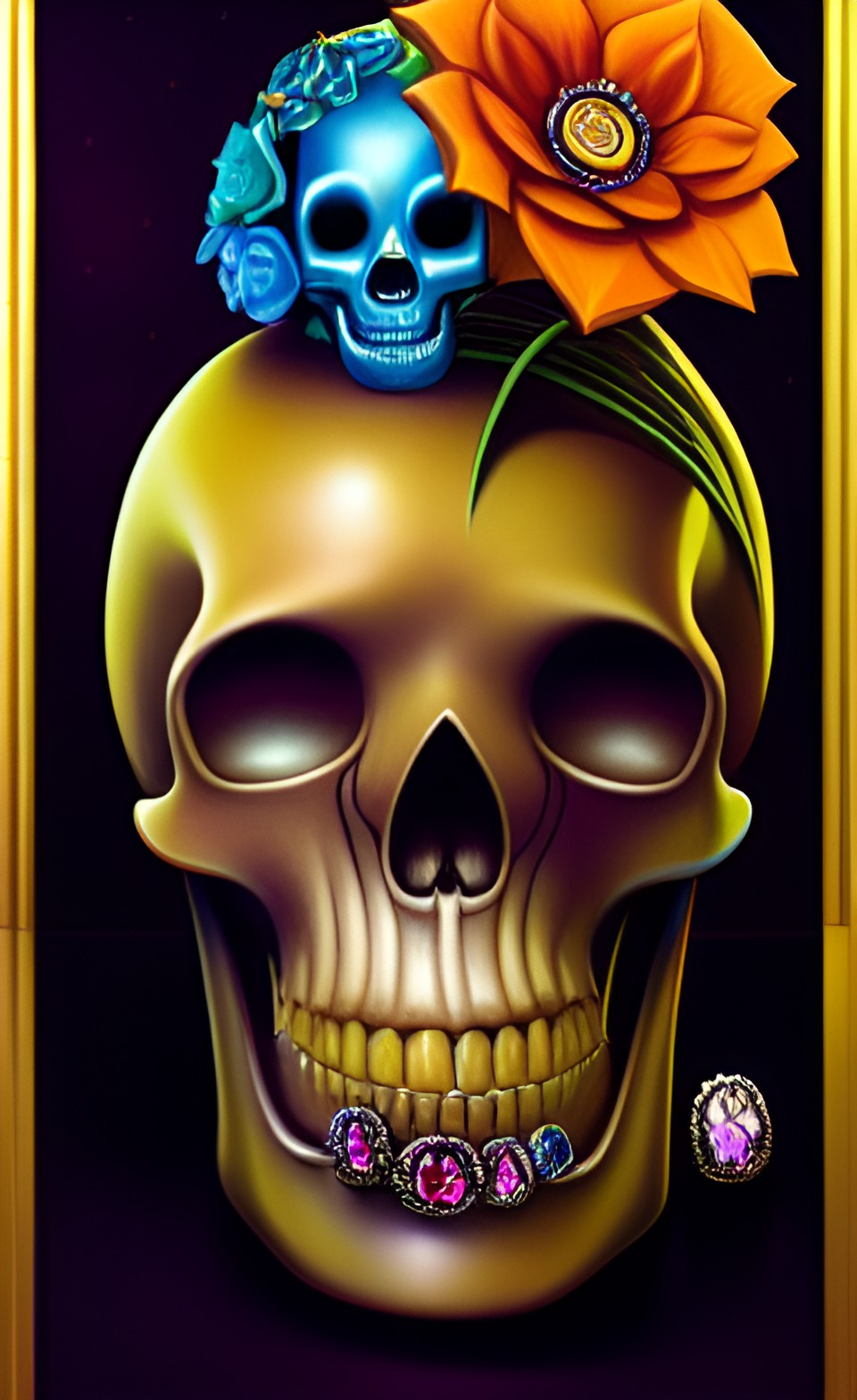 memento mori still life with flowers and gem encrusted skull, black velvet backdrop preview