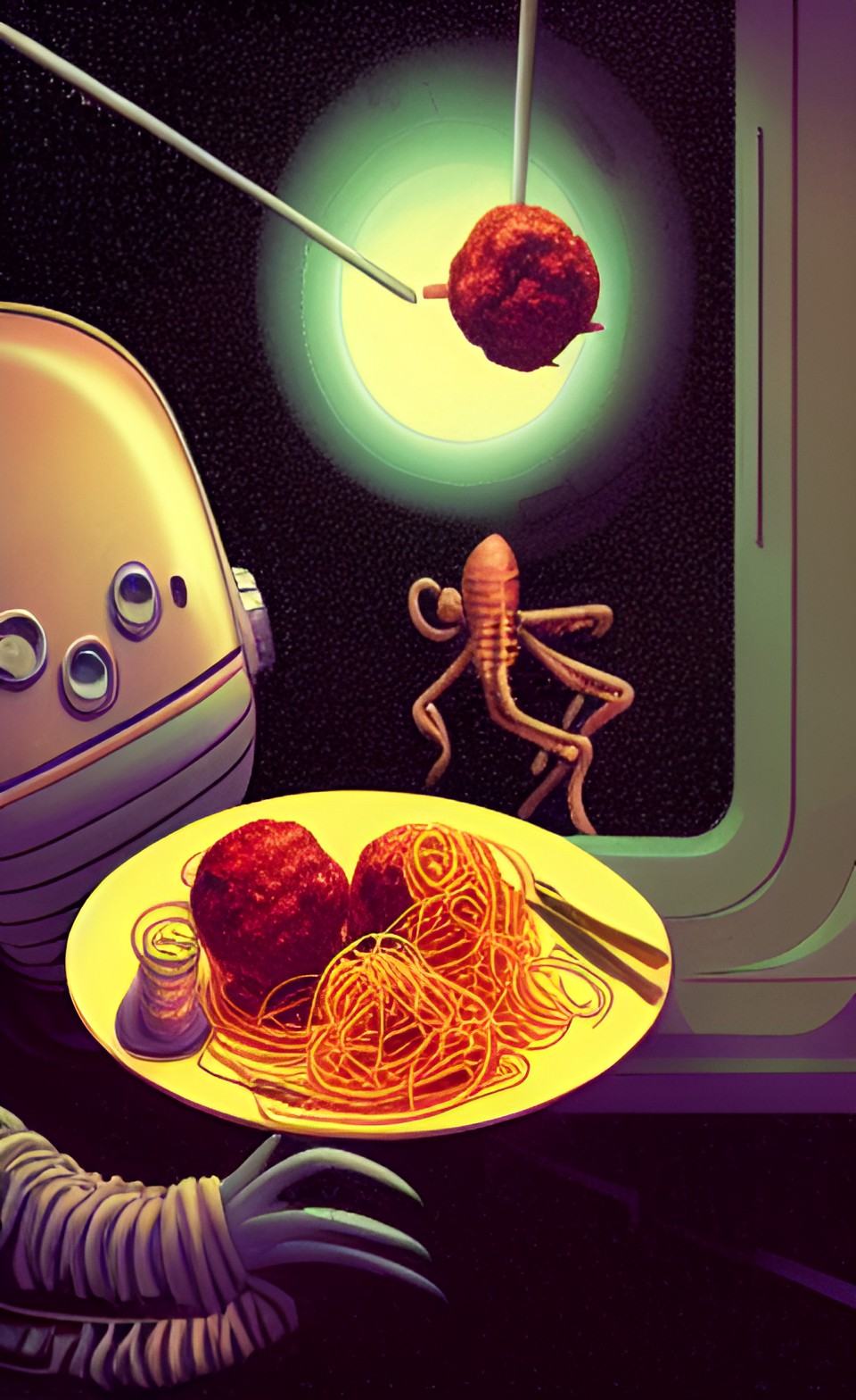 alien having spaghetti and meatballs for lunch preview