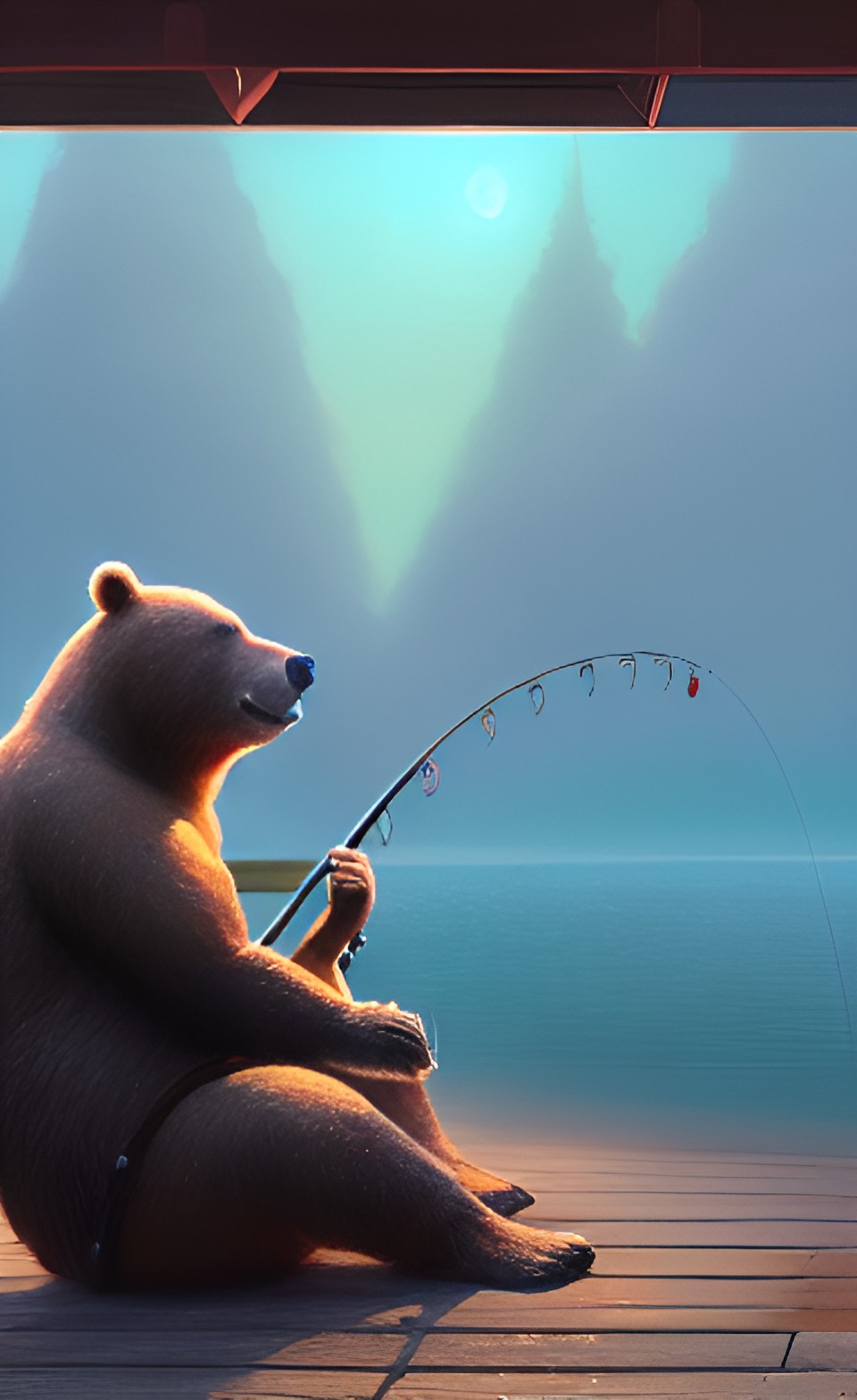 Bear fishing - bear sitting fishing in the pier ,"fish rod" preview