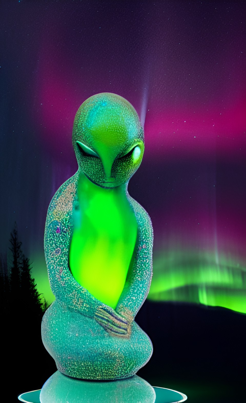 alien statue encrusted with gemstones in a dense pine forest with aurora borealis preview