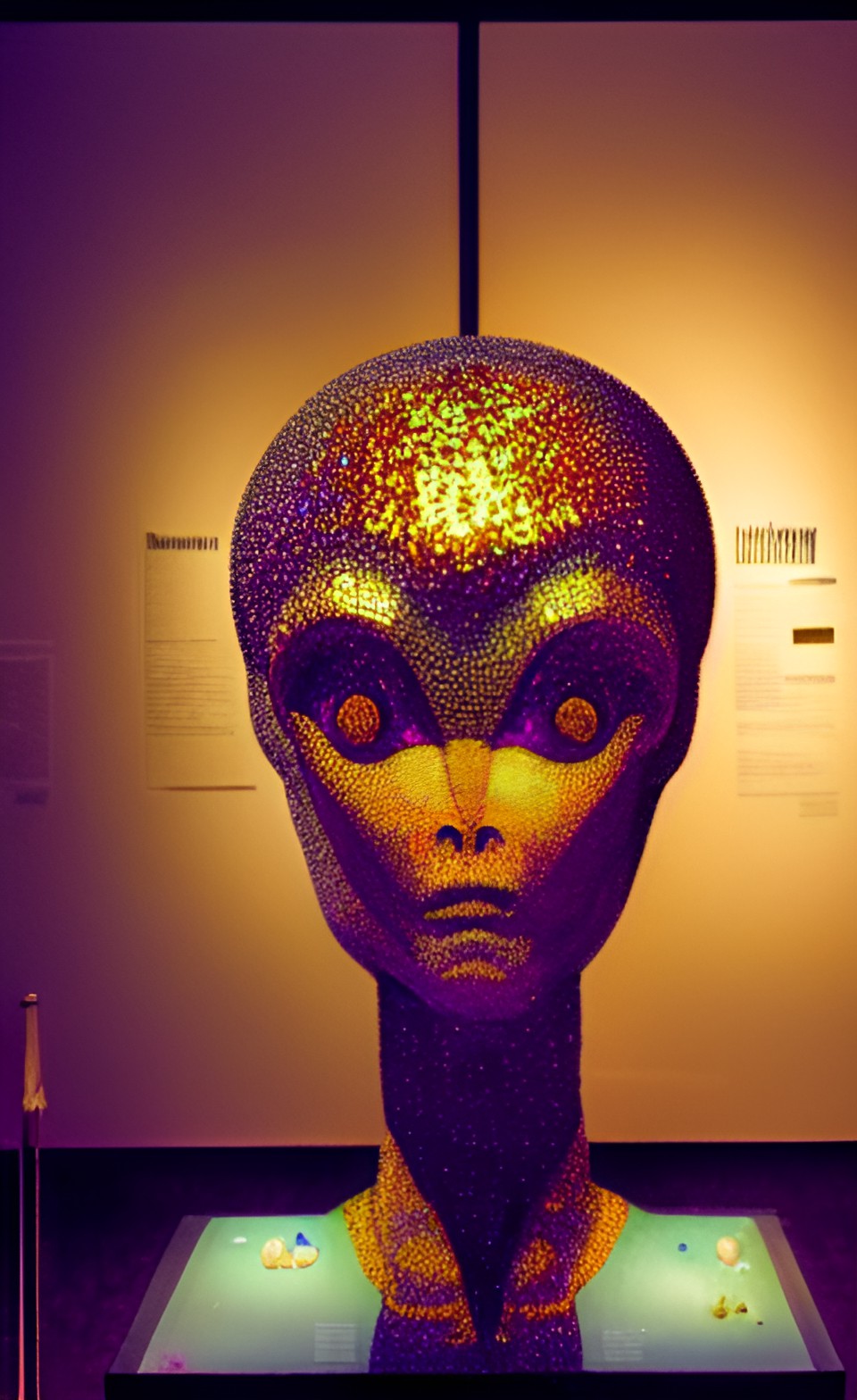 museum exhibit of alien statues encrusted with sparkling gemstones preview