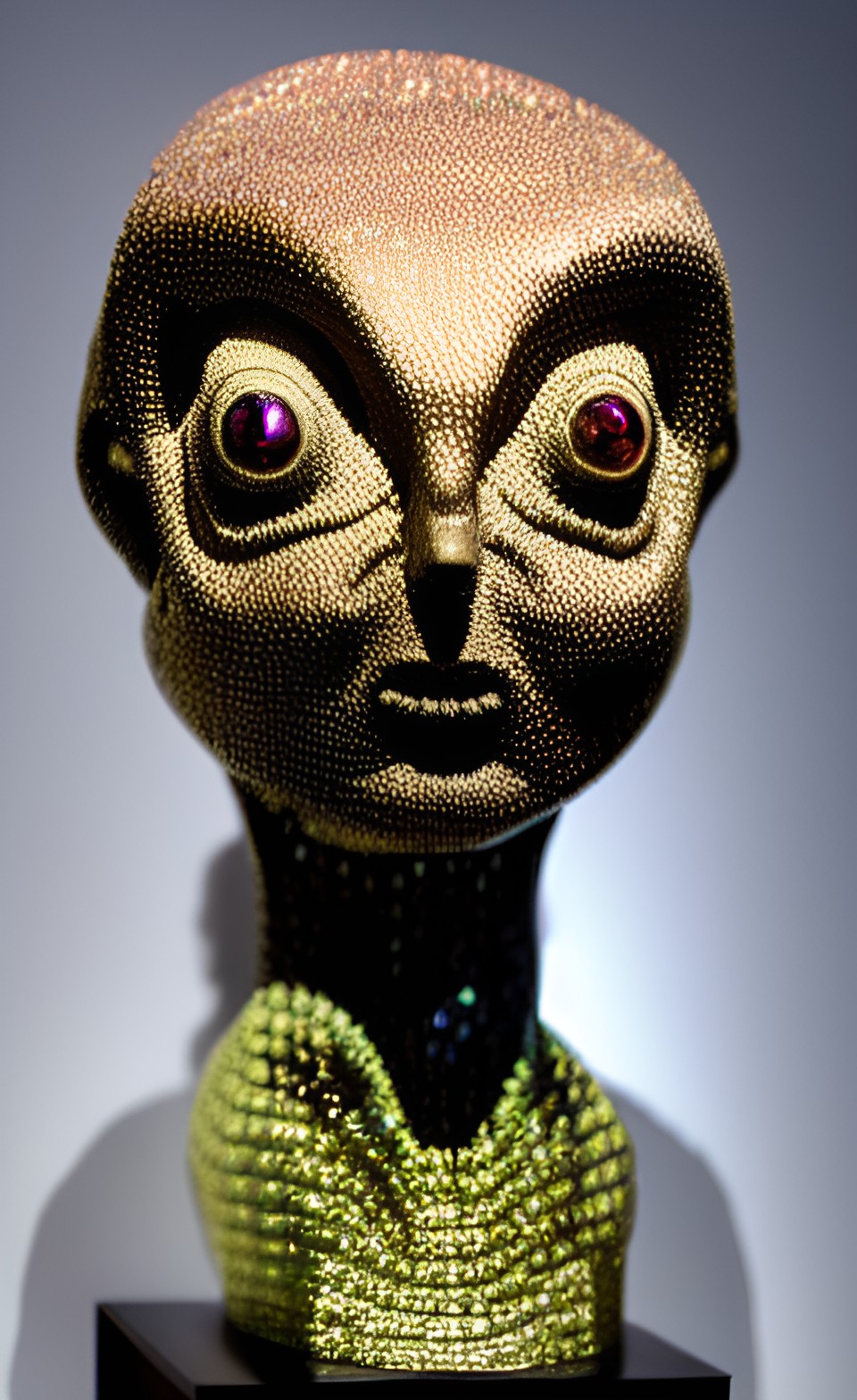 museum exhibition of alien statues encrusted with sparkling gemstones preview