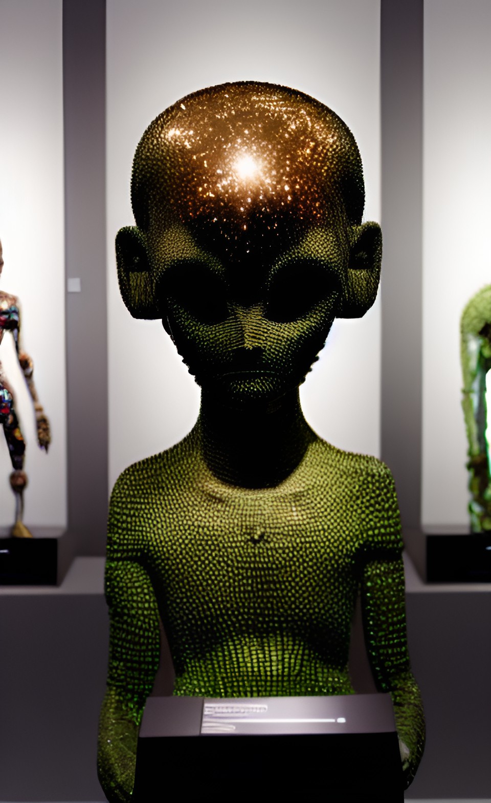 museum exhibition of alien statues encrusted with sparkling gemstones preview