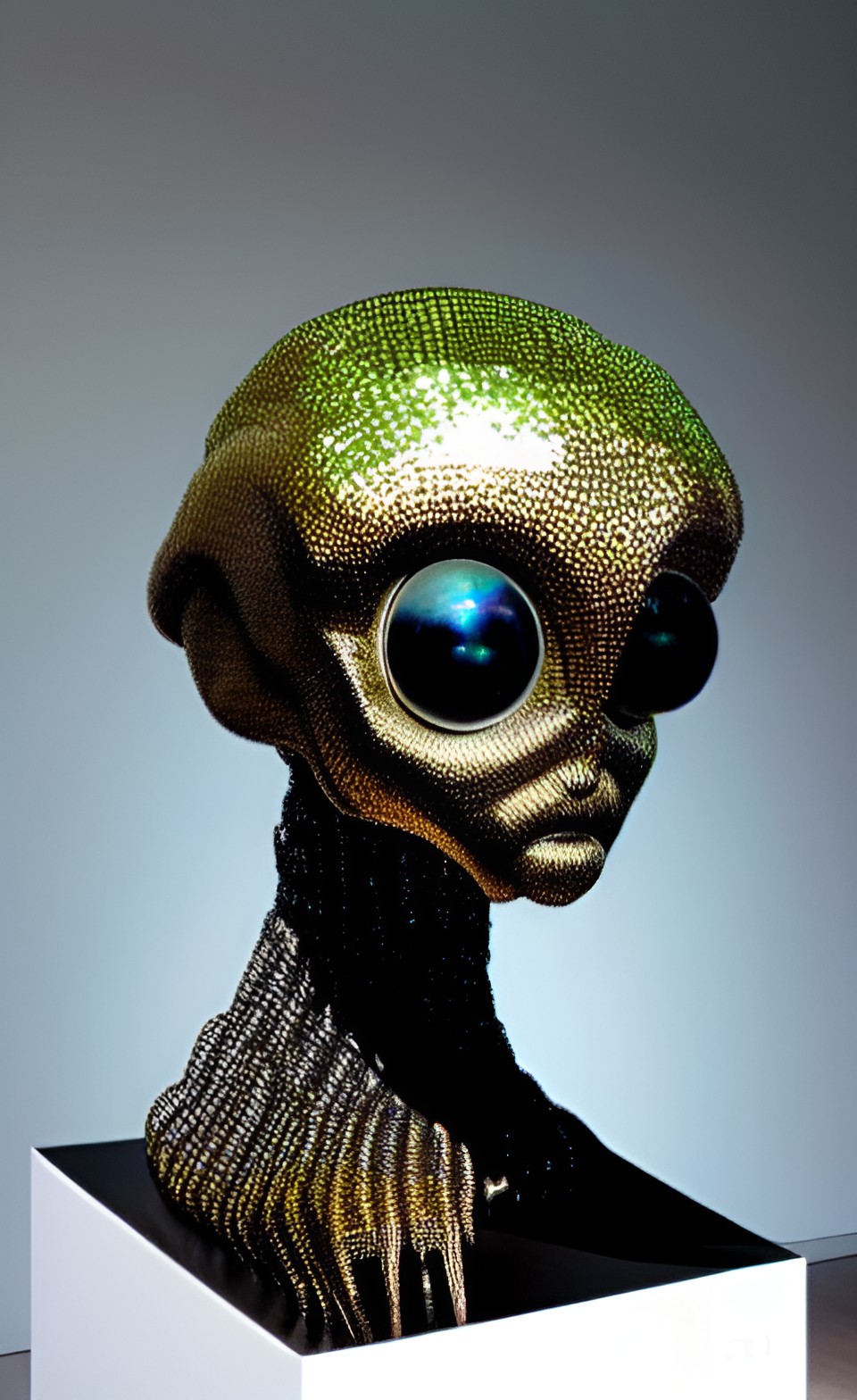 museum exhibition of alien statues encrusted with sparkling gemstones preview