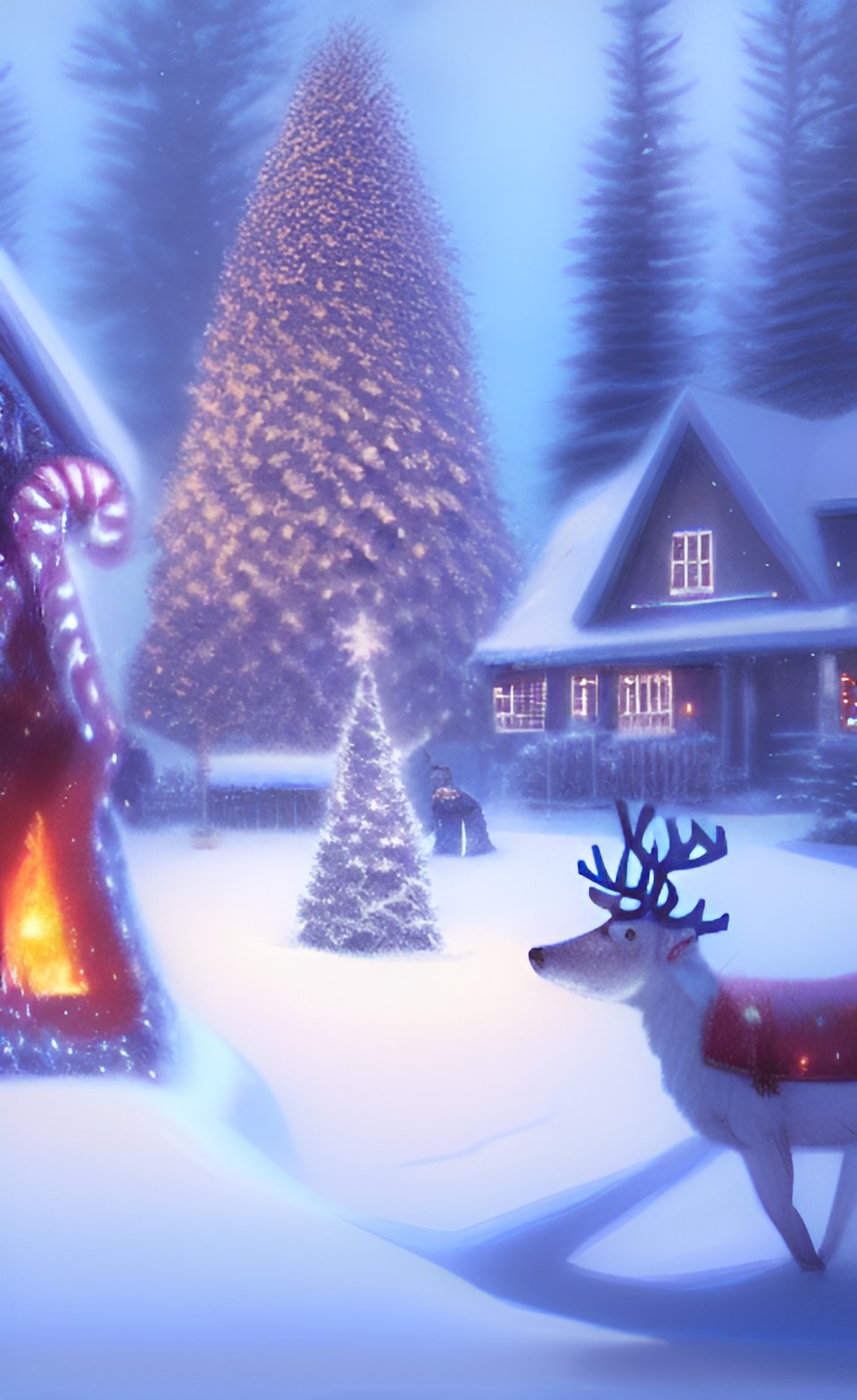 christmas, christmas tree blue lights, snow, cabin, fire logs, reindeers preview