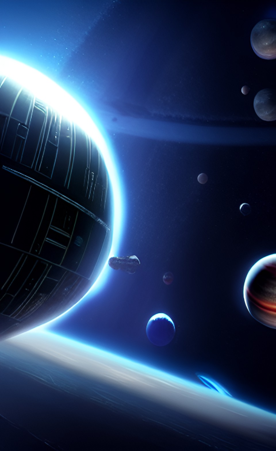 death star space station above ocean planet in space with stars preview