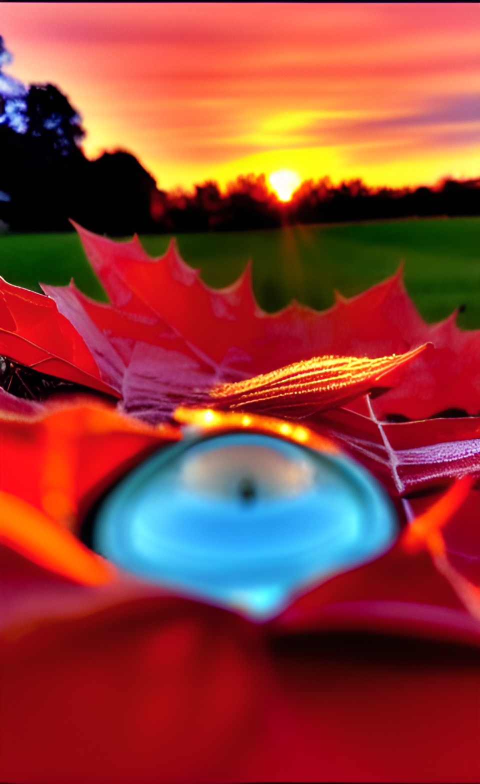 sunset, sunrise, individual rain drop, sumack leaves turning bright red preview