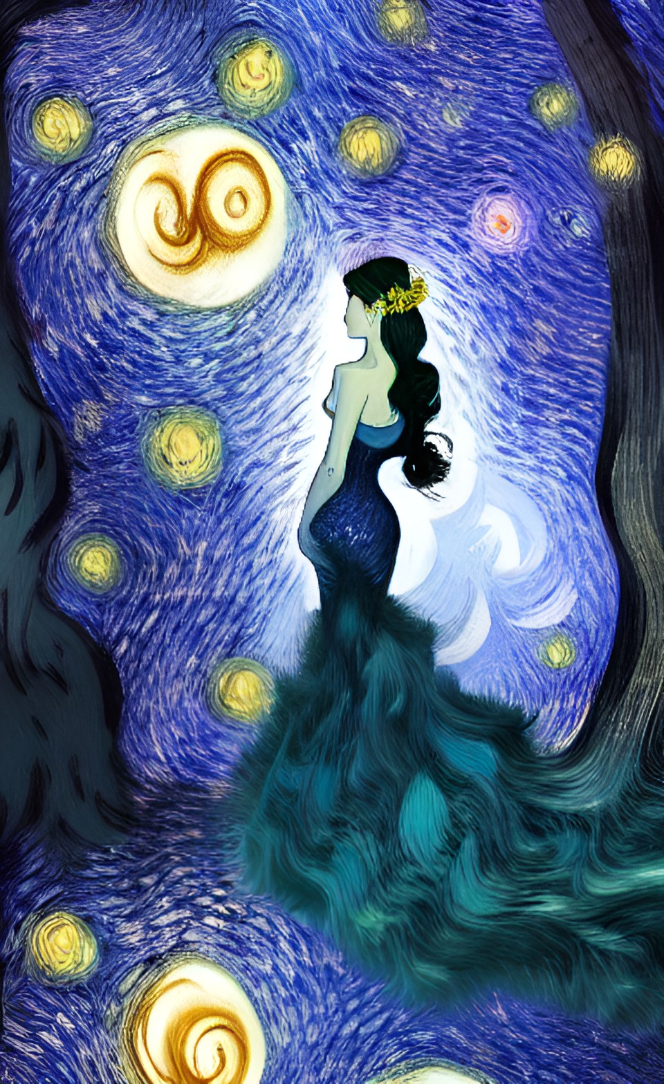 twilight forest, woman in blue gown, full moon, hidden animals, cascading flowers preview