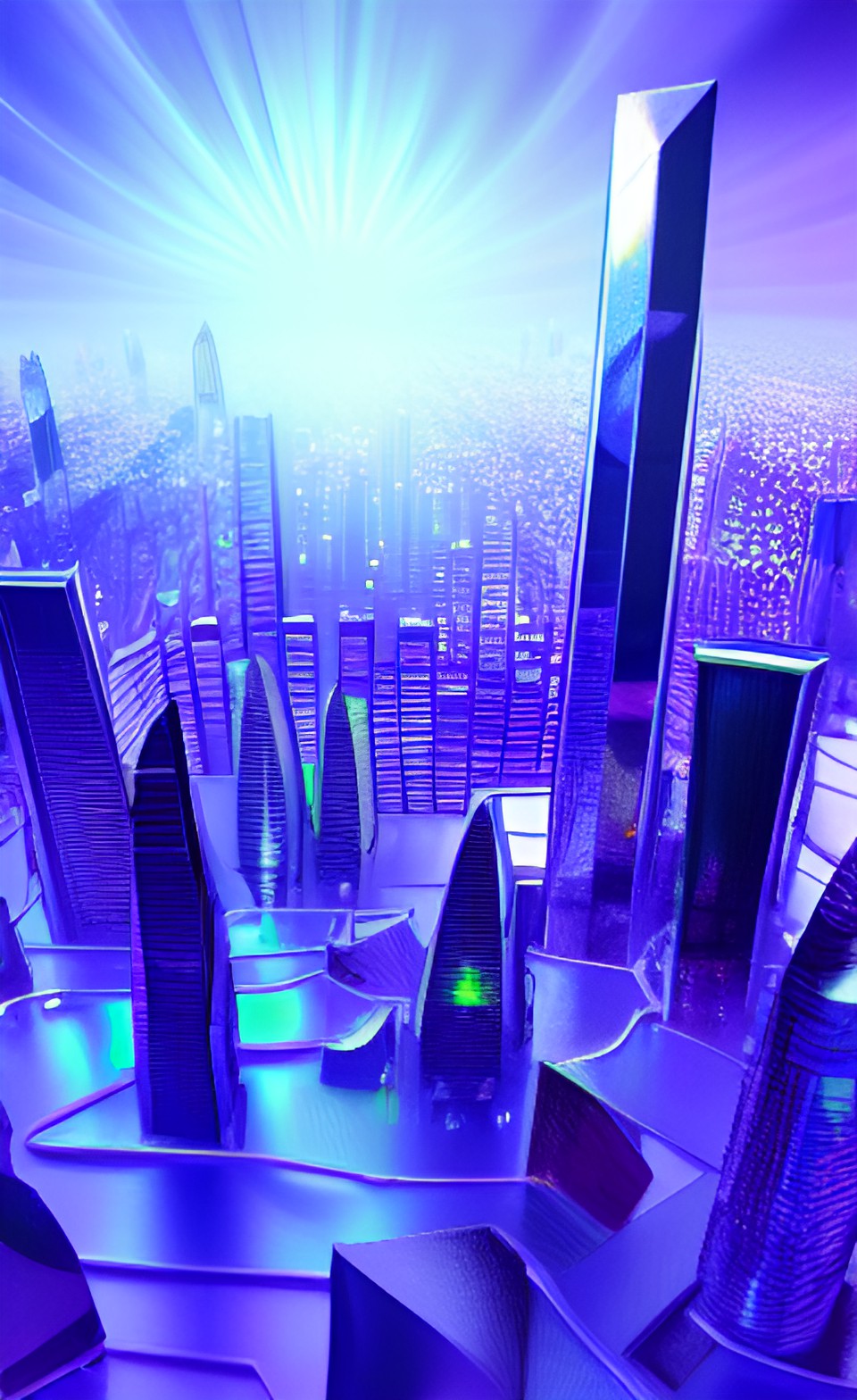 futuristic city, prismatic, glossy, glittery, 3d preview