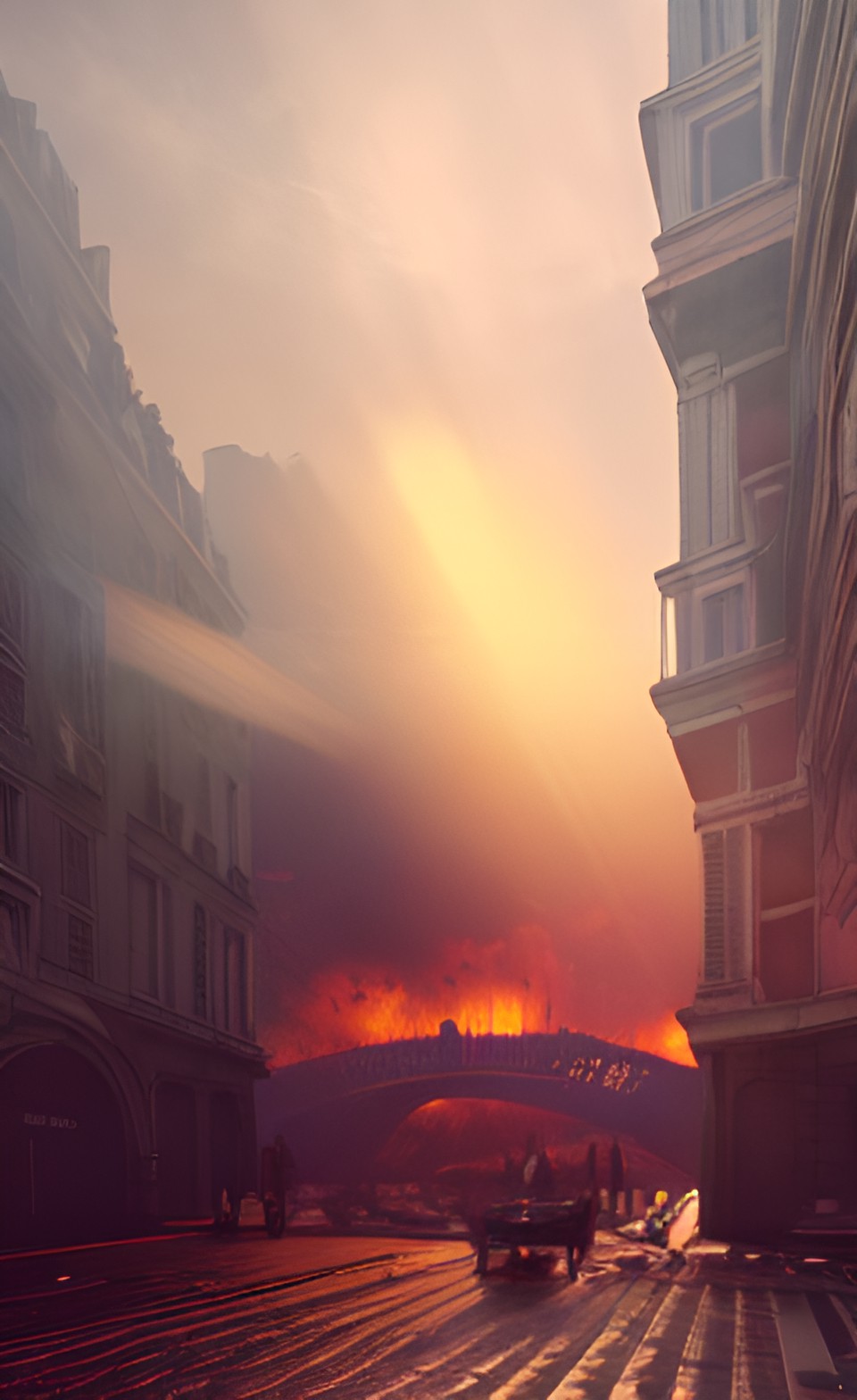 ultra realistic 27th century destroyed paris, inferno, death, misery, dust clouds, sunrise, sunrays, crime | dramatic volumetric light, diffusion, polycount, intricate details, raytraced accent light preview