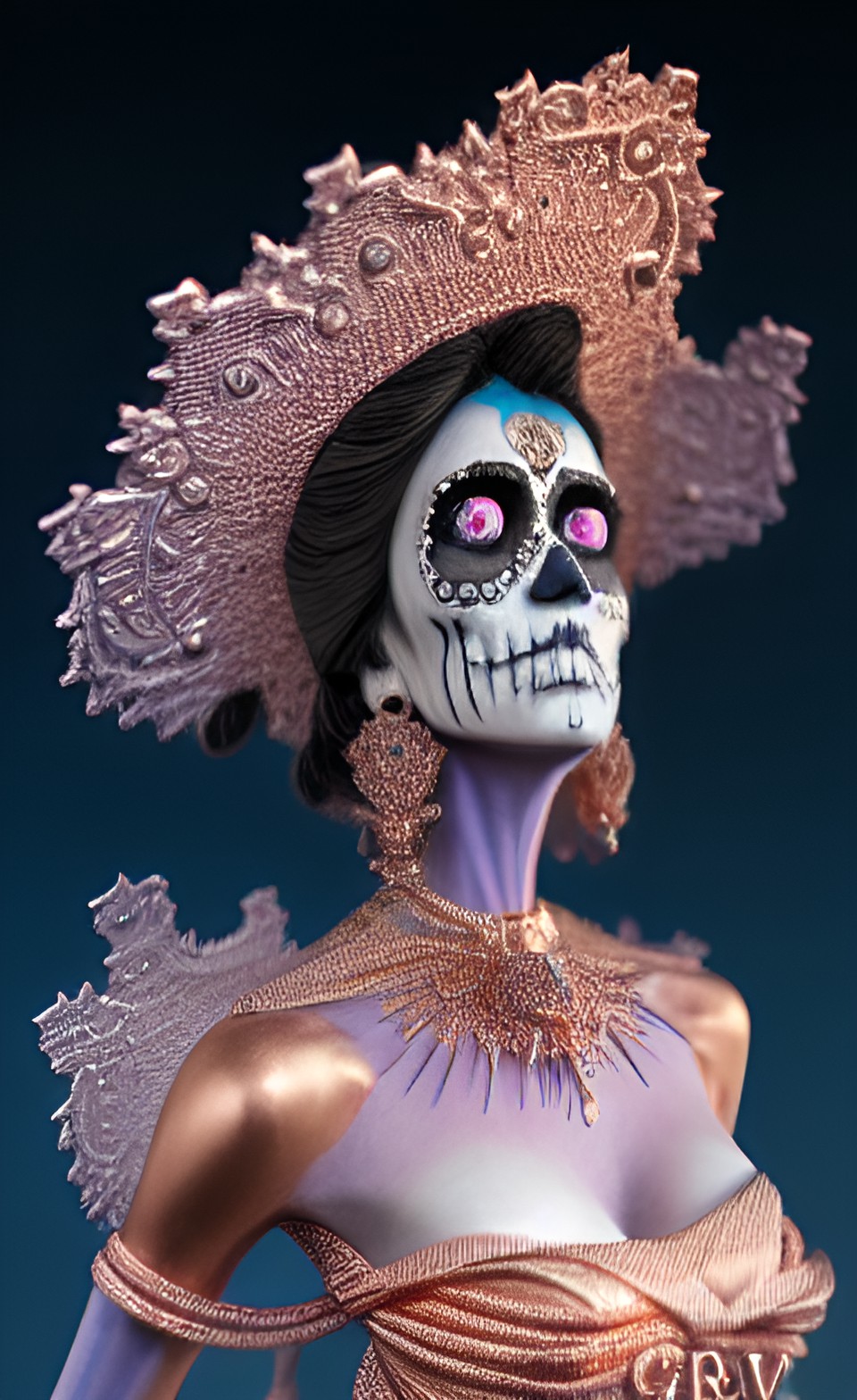 an polished texturized sculpture of la catrina in rose gold and white and blue chinese porcelain by kris kuksi preview