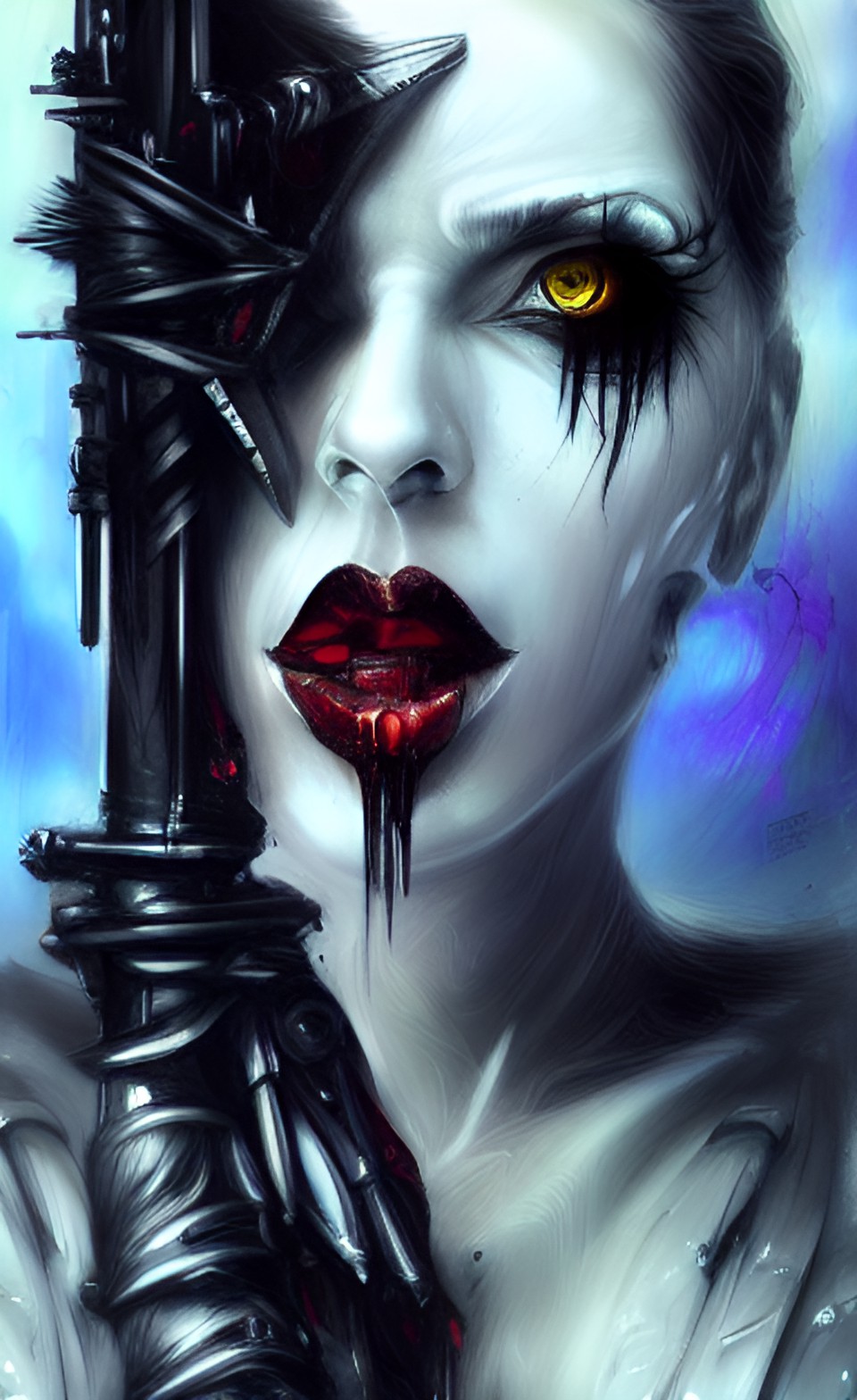 spawn raven reaper buxom corset huntress swords guns lips portrait artist h.r. giger destroy preview