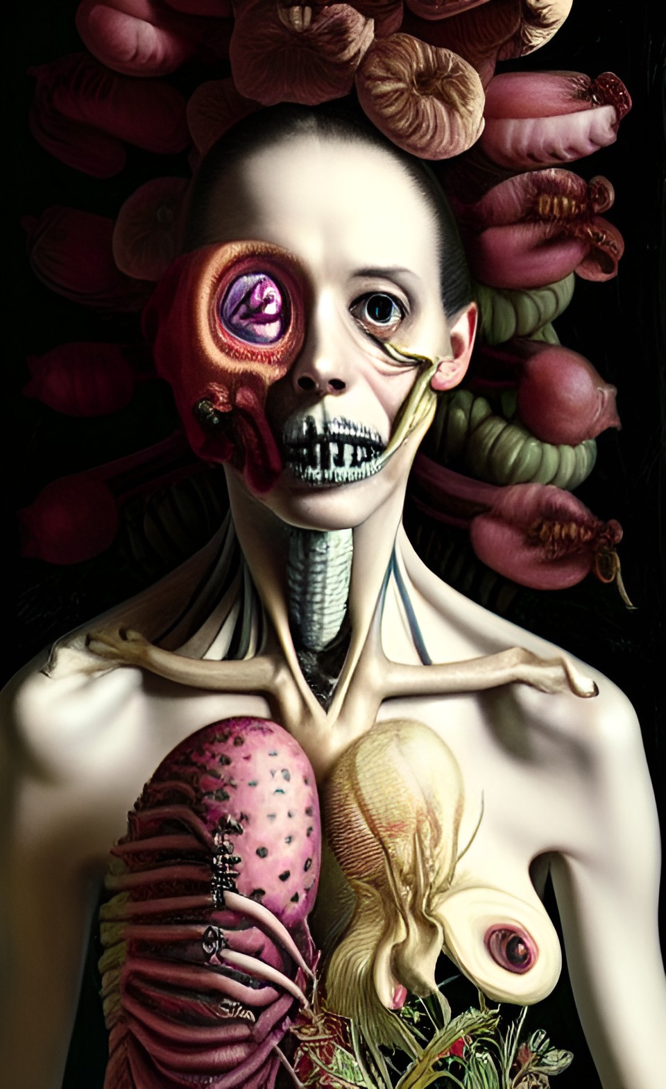 rococo maximalist portrait, terrified expression, botanical anatomy, skeletal with extra flesh, hd mixed media, 3d collage, highly detailed intricate, surreal illustration, dark art, by jenny saville preview