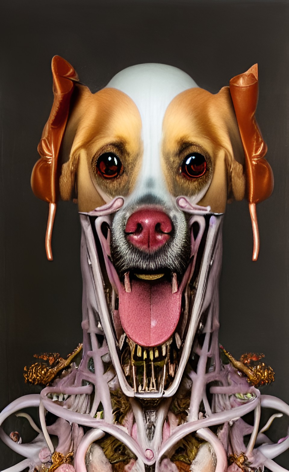 rococo maximalist dog portrait terrified expression botanical anatomy, skeletal with extra flesh, hd mixed media, 3d collage, highly detailed intricate, surreal illustration dark art, by jenny saville preview